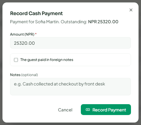 The Record Cash Payment dialog on a booking