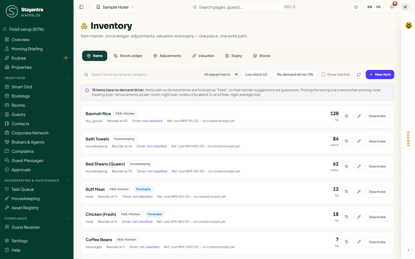 The Items tab with stock levels, low-stock and perishable tags