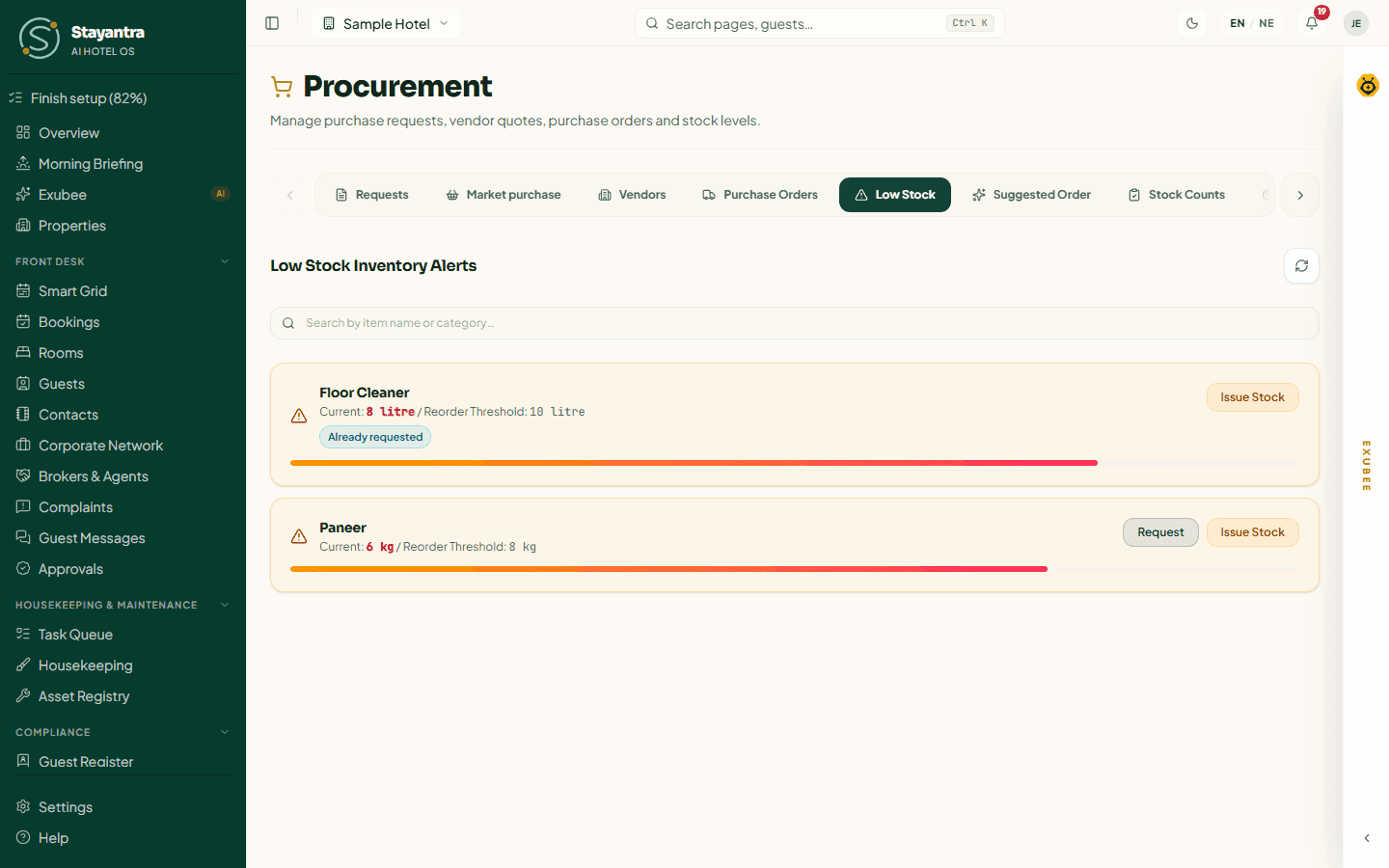 The Low Stock tab with items below their reorder threshold
