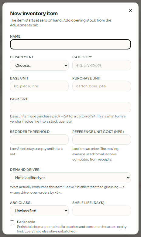 The New inventory item dialog
