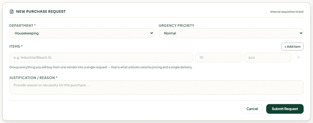 The New Purchase Request dialog with department, urgency, items and reason