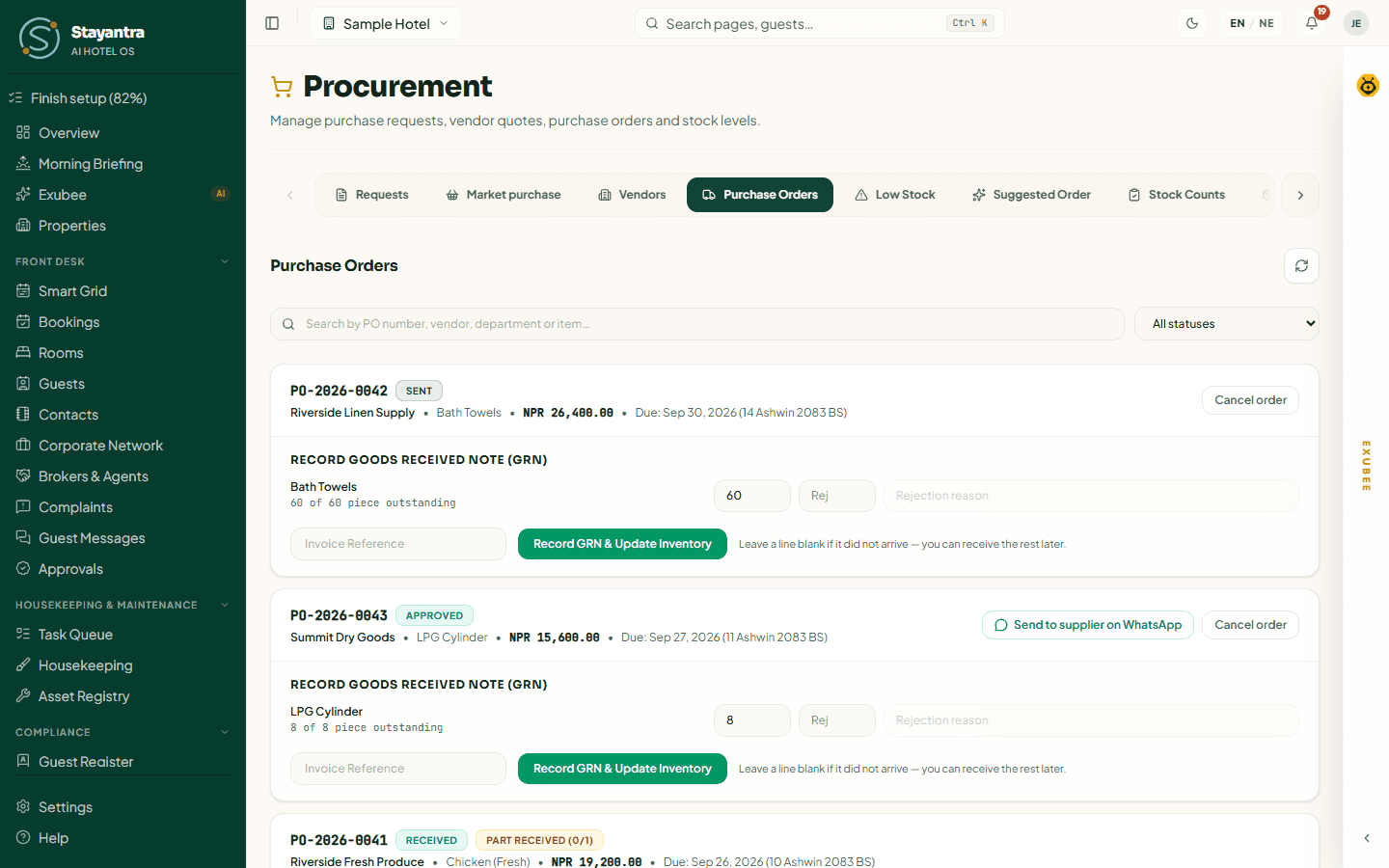 A purchase order with the goods received note form open