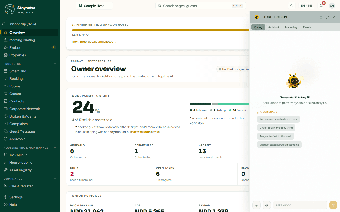 The Exubee Cockpit open on the Pricing tab, with suggestion chips and the Ask Exubee box