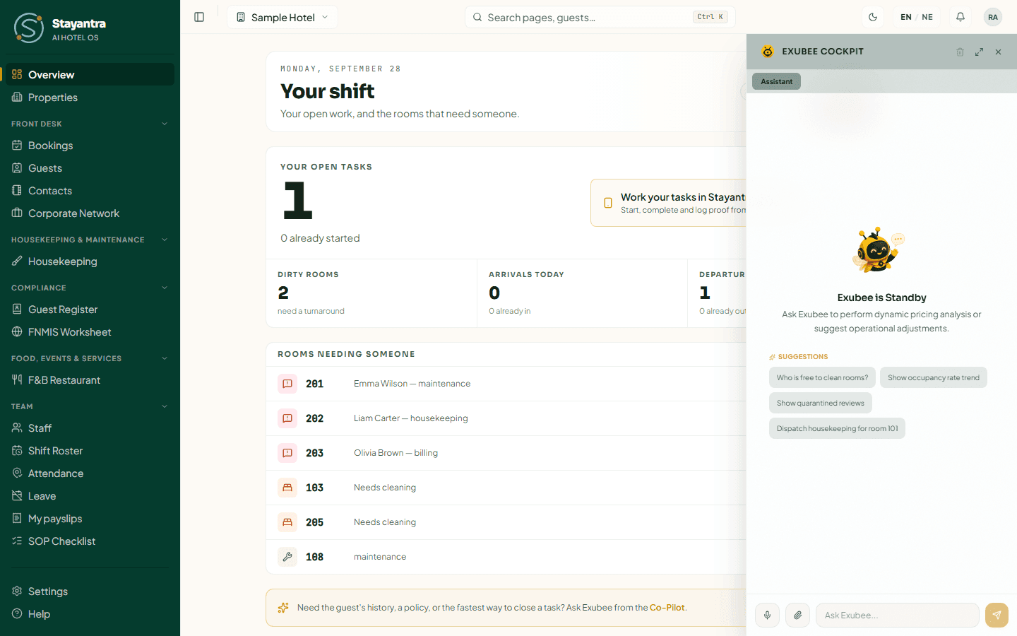 The Exubee panel as a housekeeping staff member sees it, with only the Assistant tab