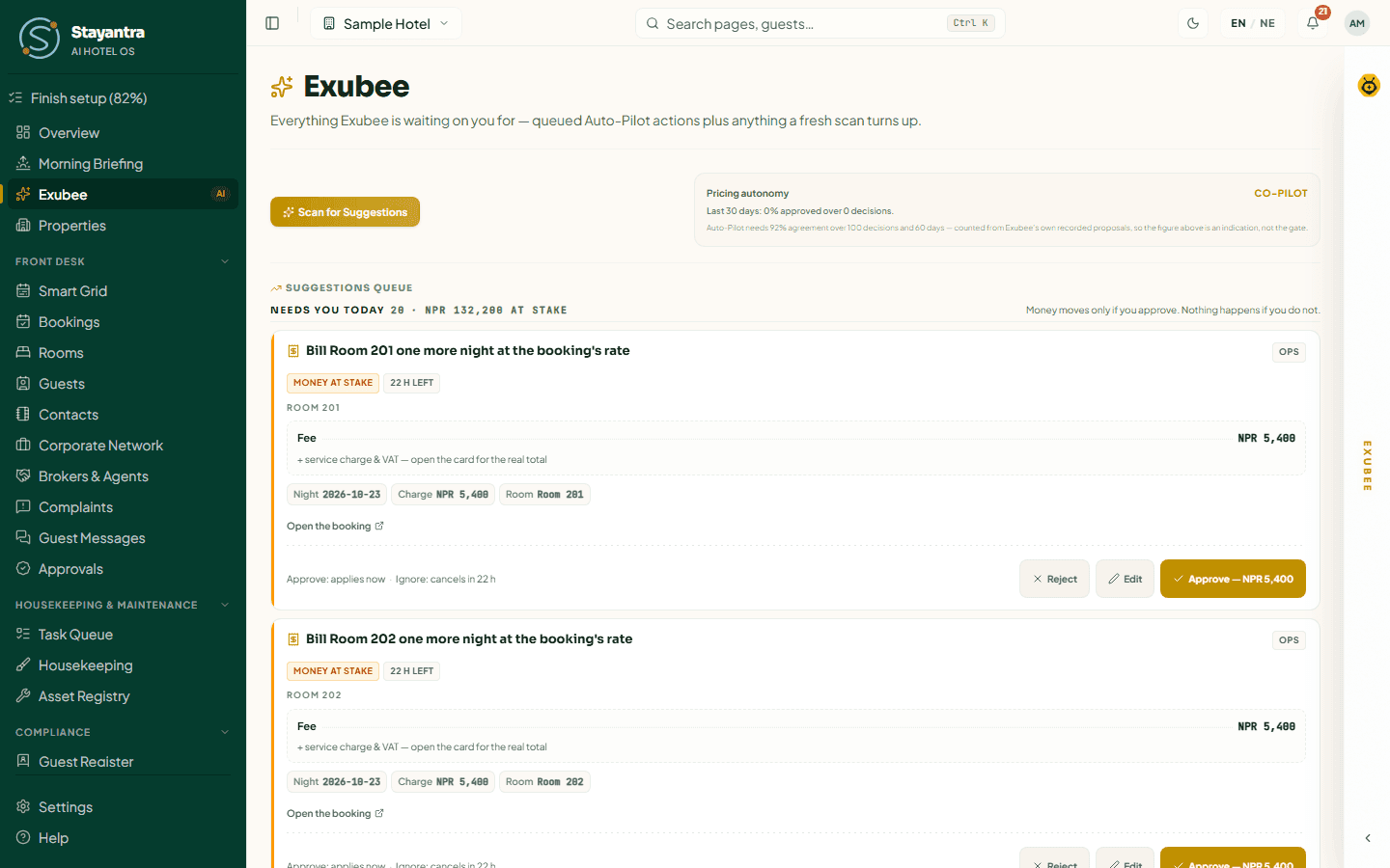 The Exubee page listing proposals waiting for approval, with the Scan for Suggestions button