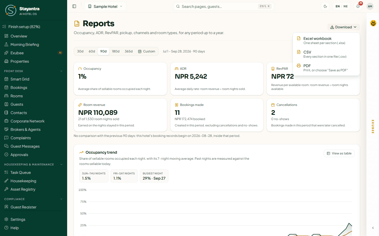 The Download menu with Excel workbook, CSV and PDF