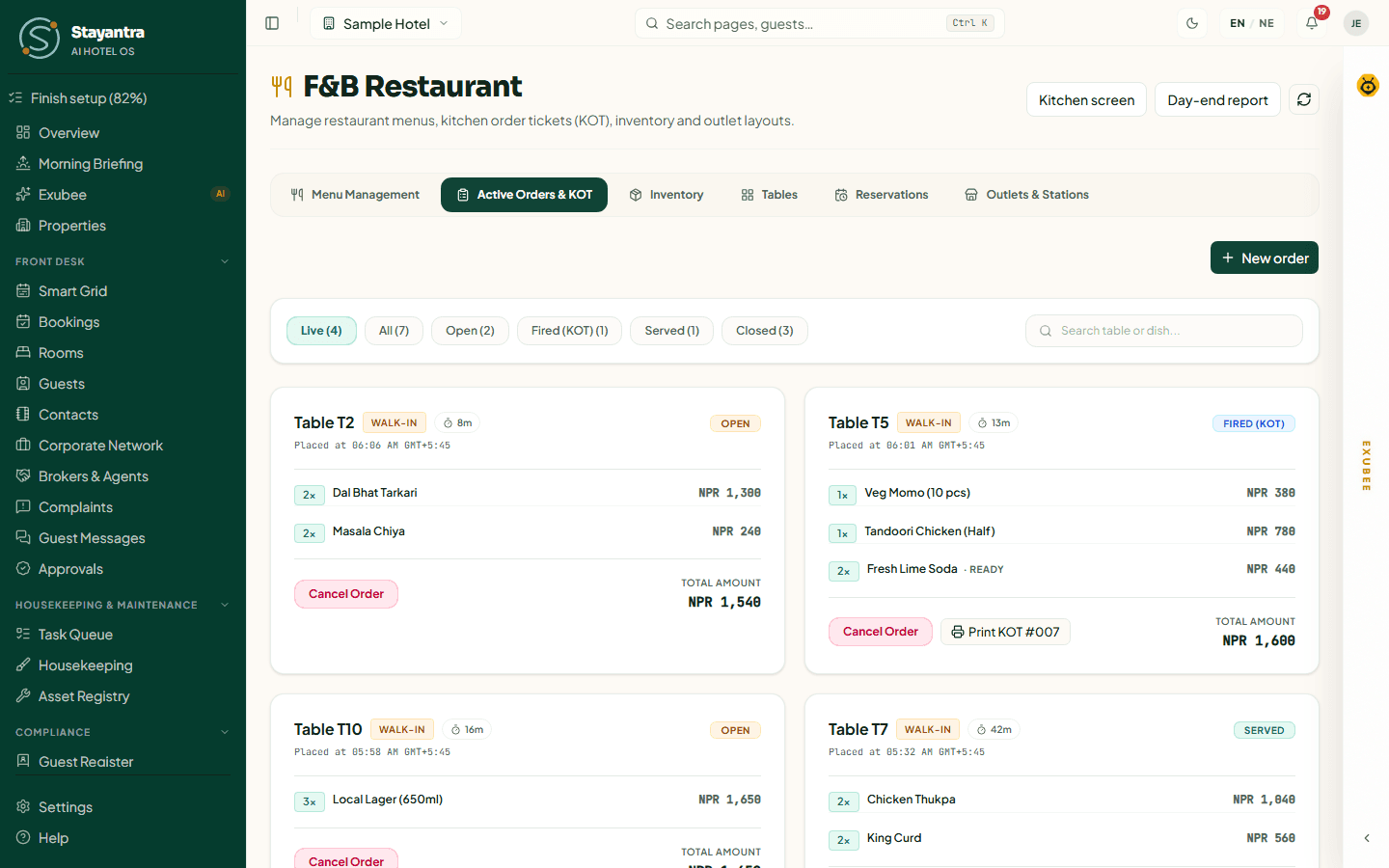 Active Orders & KOT with live order cards and their status buttons