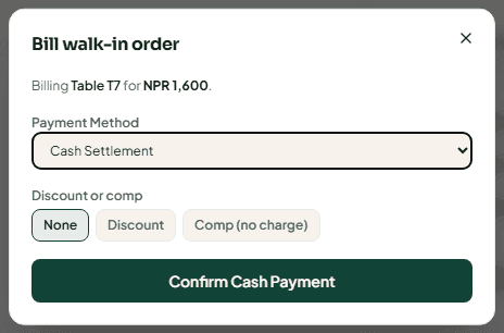 The Bill walk-in order dialog with the payment method list
