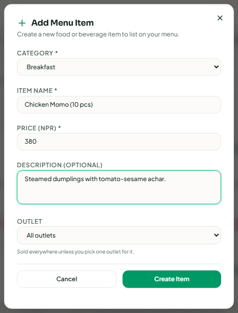 The Add Menu Item dialog with category, name, price, description and outlet