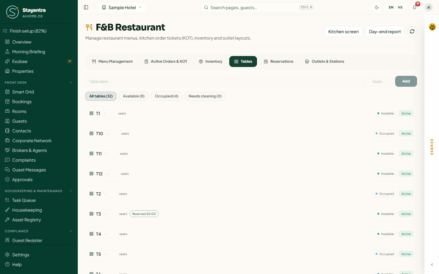 The Tables tab with each table's seats and status