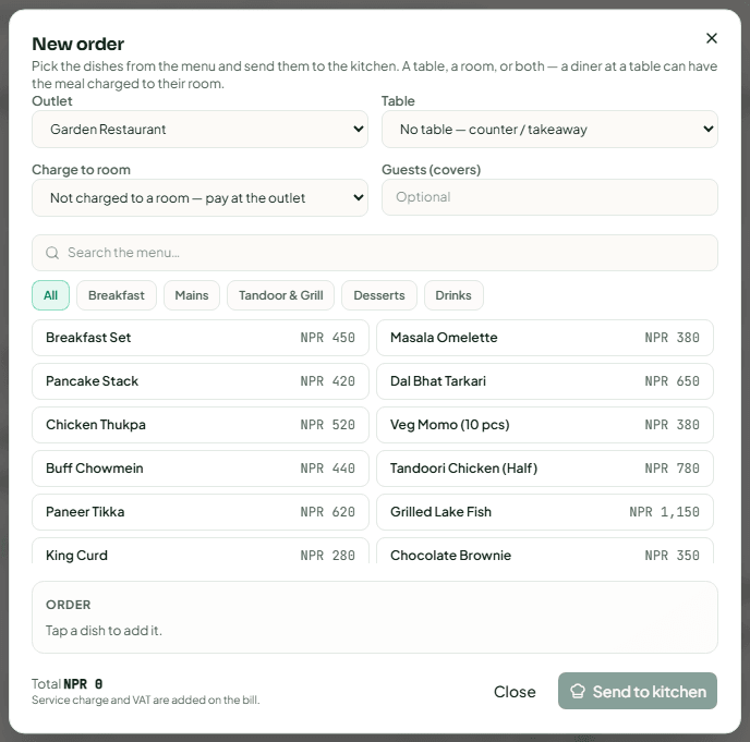 The New order dialog with outlet, table, room, the menu and the order lines
