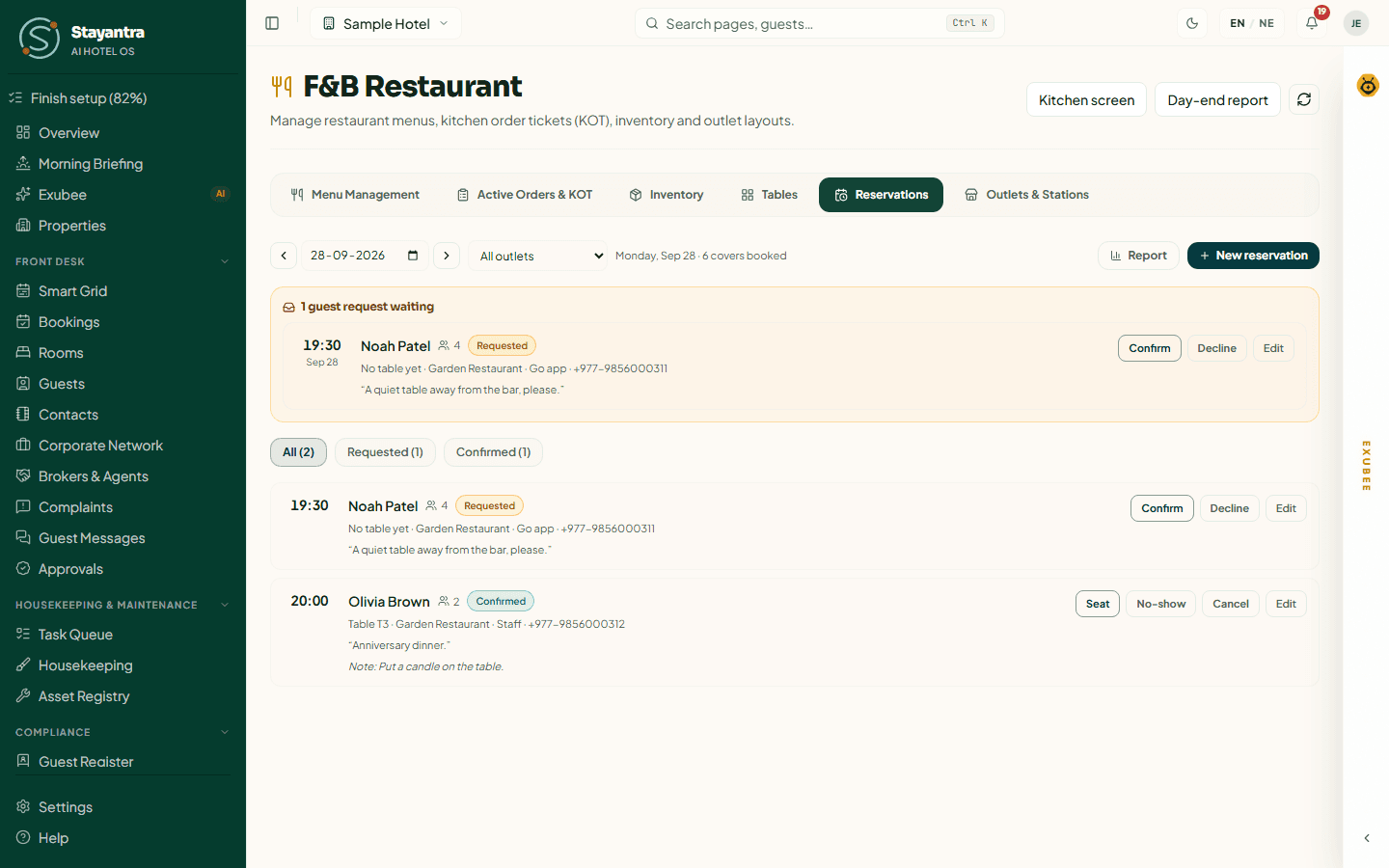 The Reservations tab for one day with a request waiting for an answer