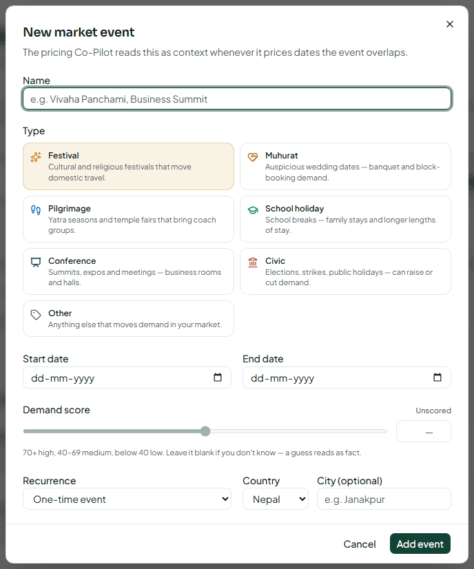 The New market event dialog