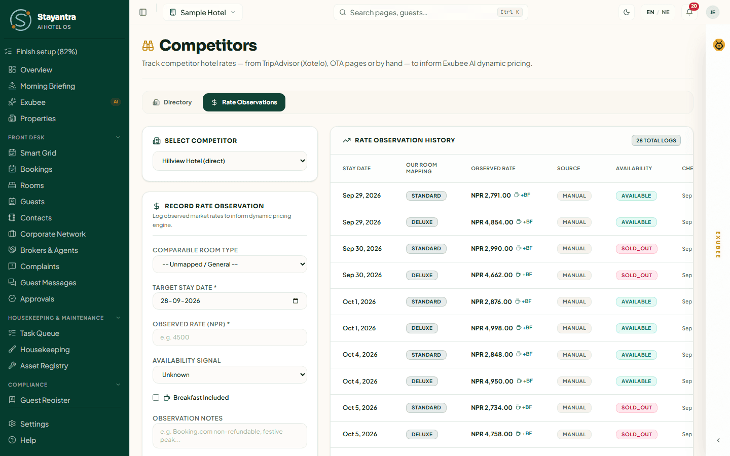 Rate Observations: the Record Rate Observation form beside the rate history for Hillview Hotel, with Standard and Deluxe prices by stay date and their availability
