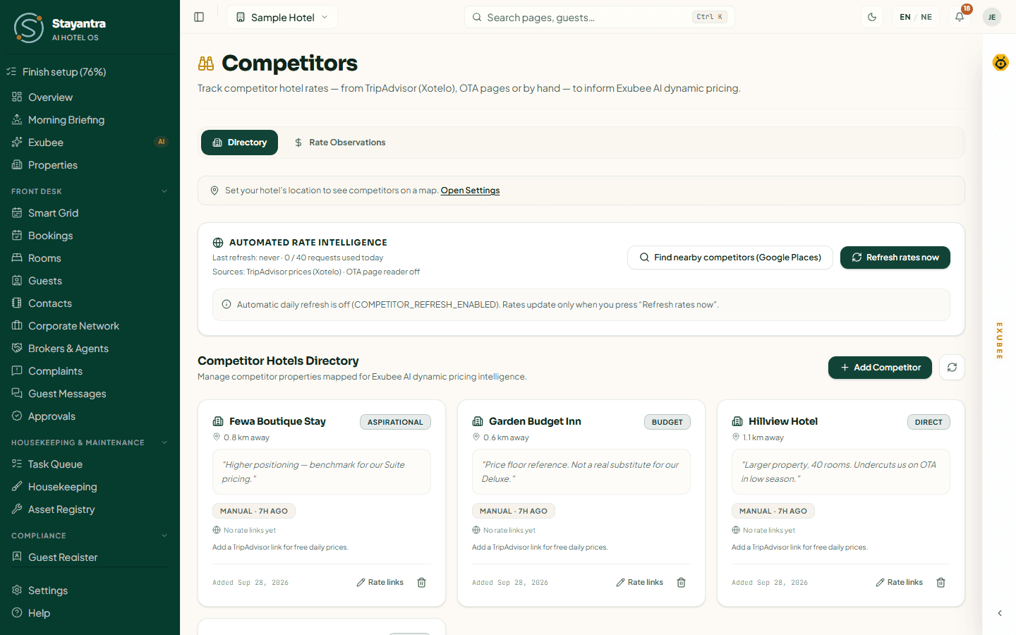 The competitor directory with three nearby hotels and the automated rate panel