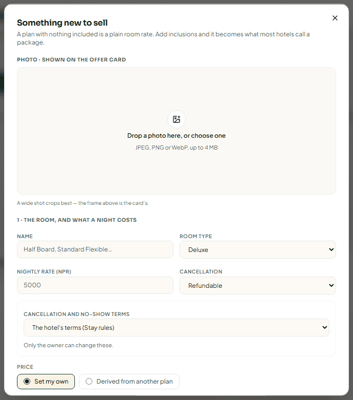 The Something new to sell dialog, with the room, the nightly rate and the cancellation choice