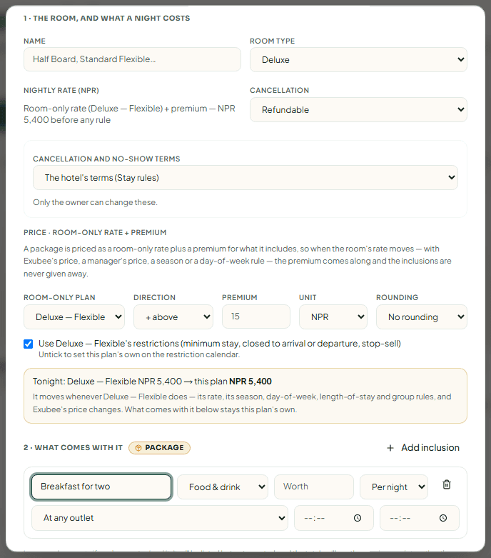 Adding a breakfast inclusion to an offer, which turns it into a package