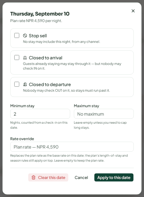 The restriction editor for one date, with stop sell, closed to arrival, minimum stay and a rate override