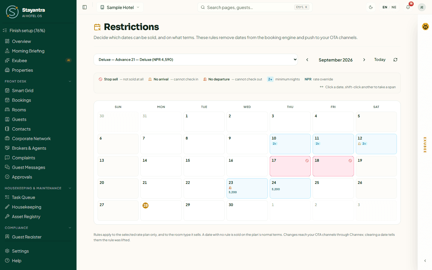 The restrictions calendar for one rate plan, with a minimum stay, a closed-to-arrival day, two stop-sell days and a price override