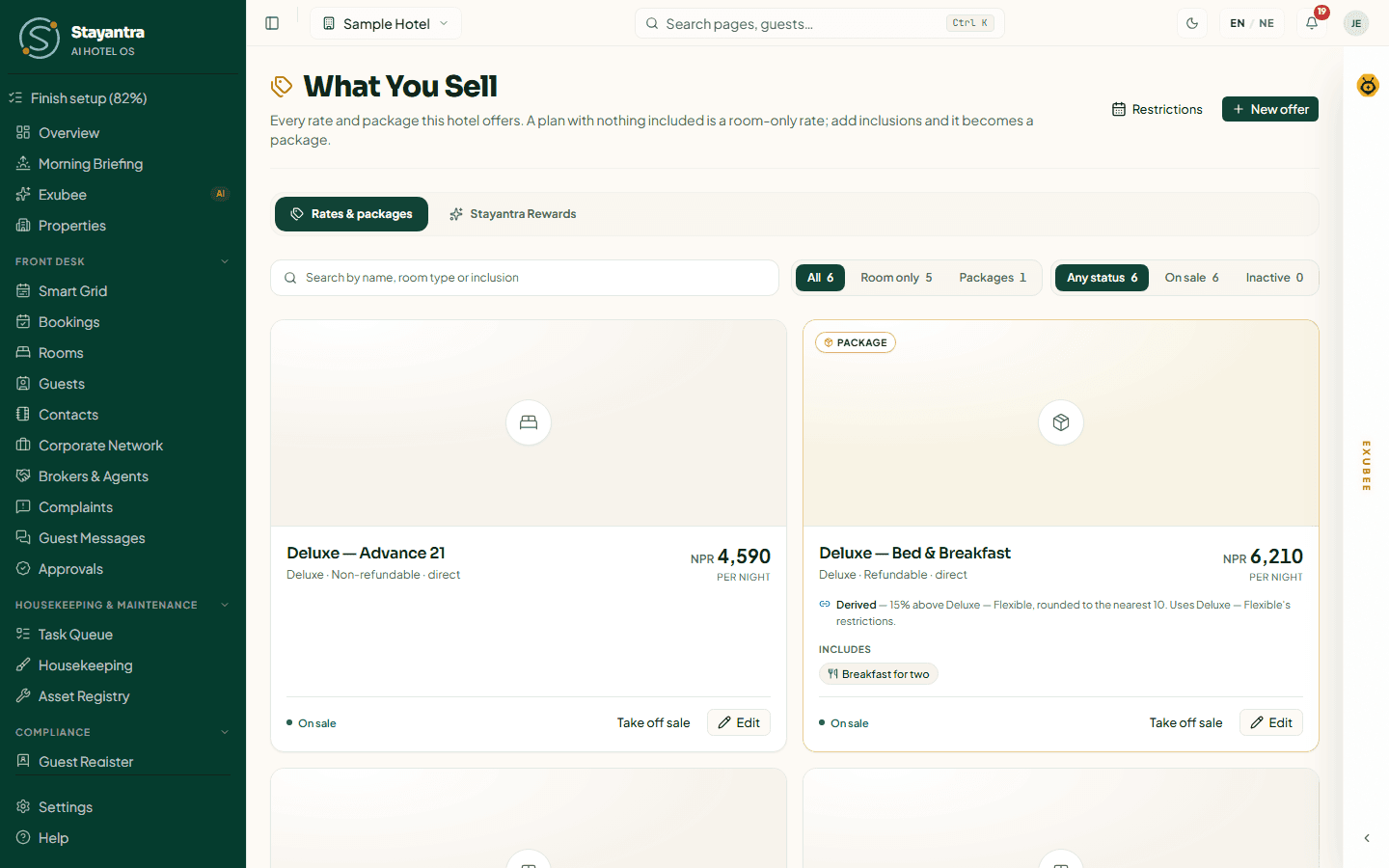What You Sell listing the hotel's rates and packages, each with its room type, price and status