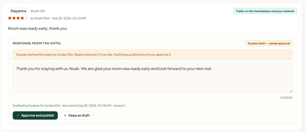A reply Exubee drafted, waiting for a manager to approve and publish it