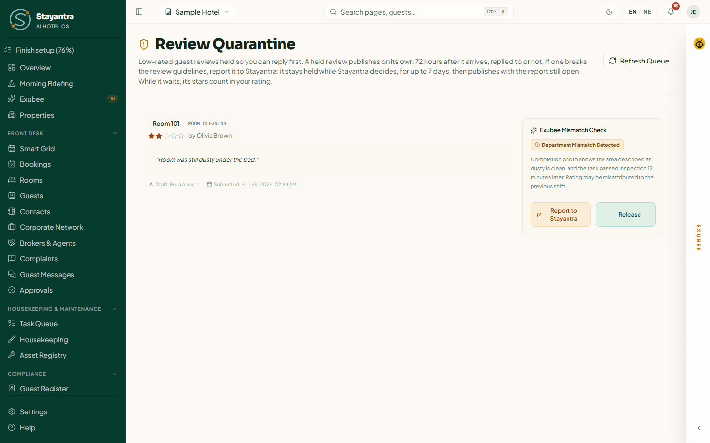 Review Quarantine holding a two-star rating, with Exubee's mismatch check beside it