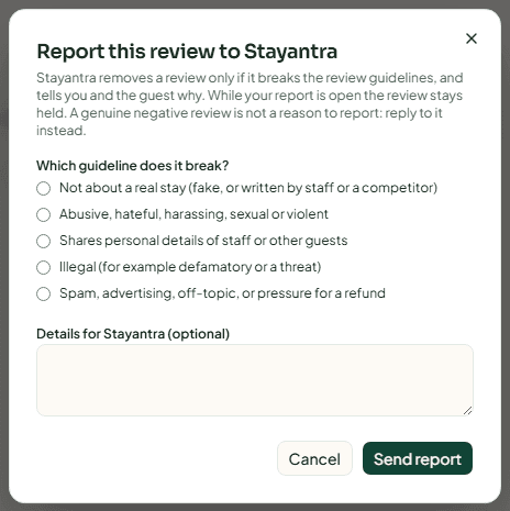 The Report this review to Stayantra dialog with the list of guidelines