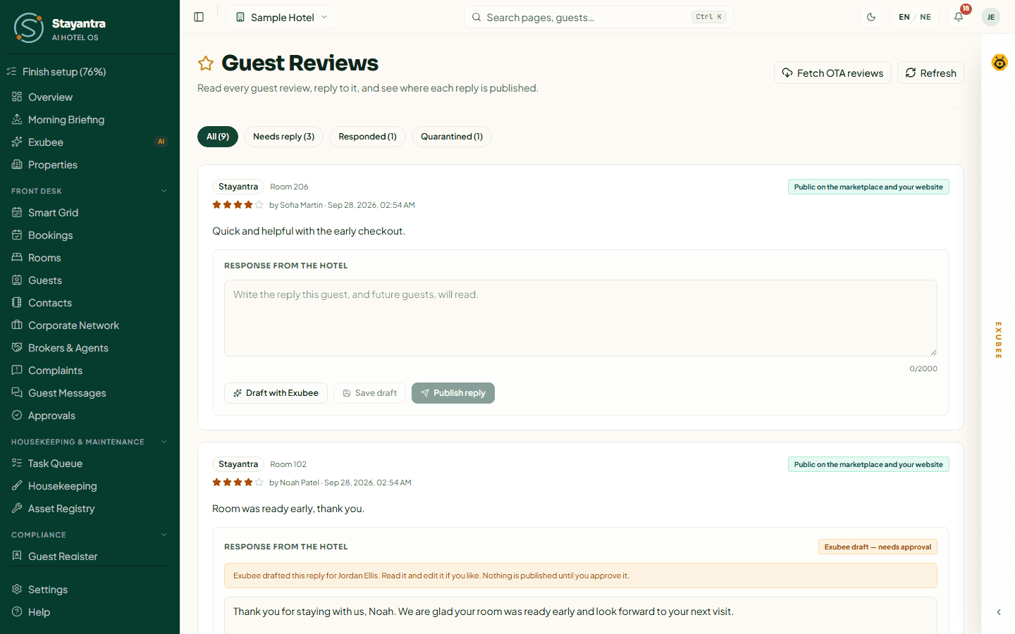 Guest Reviews with a public Stayantra review, an Exubee draft reply and an OTA review