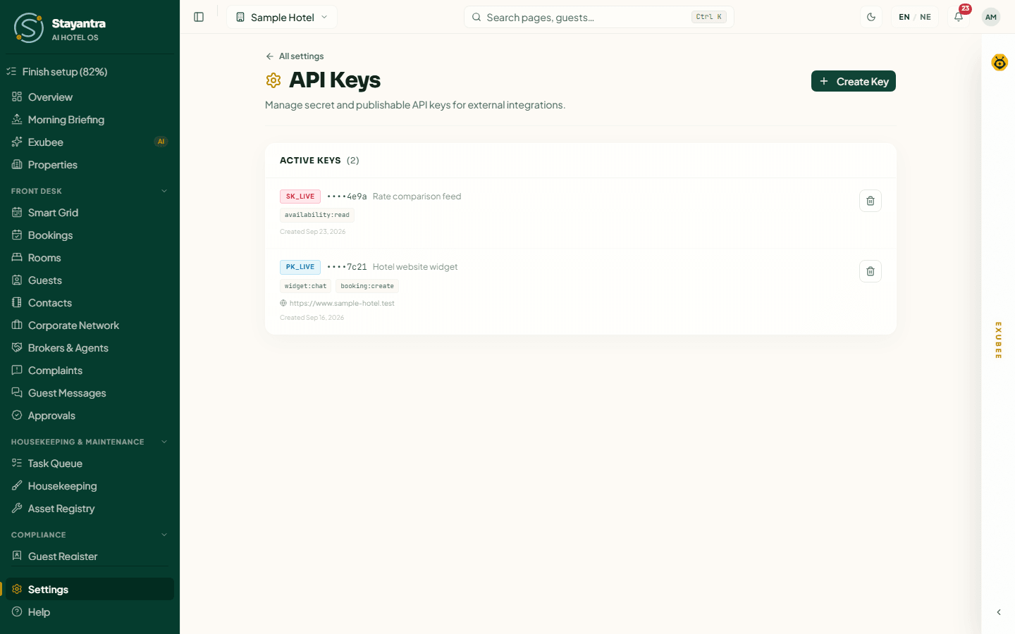The API Keys page with a secret key and a publishable key for the hotel website widget