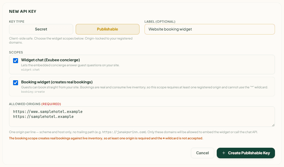 The New API Key form with a publishable key, the booking widget scope ticked and two allowed origins