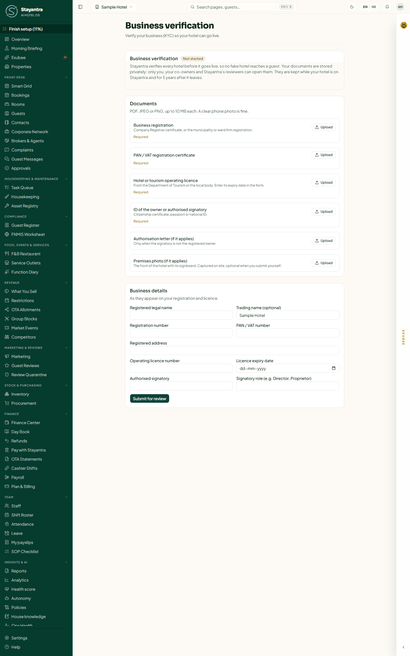 Business verification for a new hotel: status Not started, the list of documents to upload and the Business details form