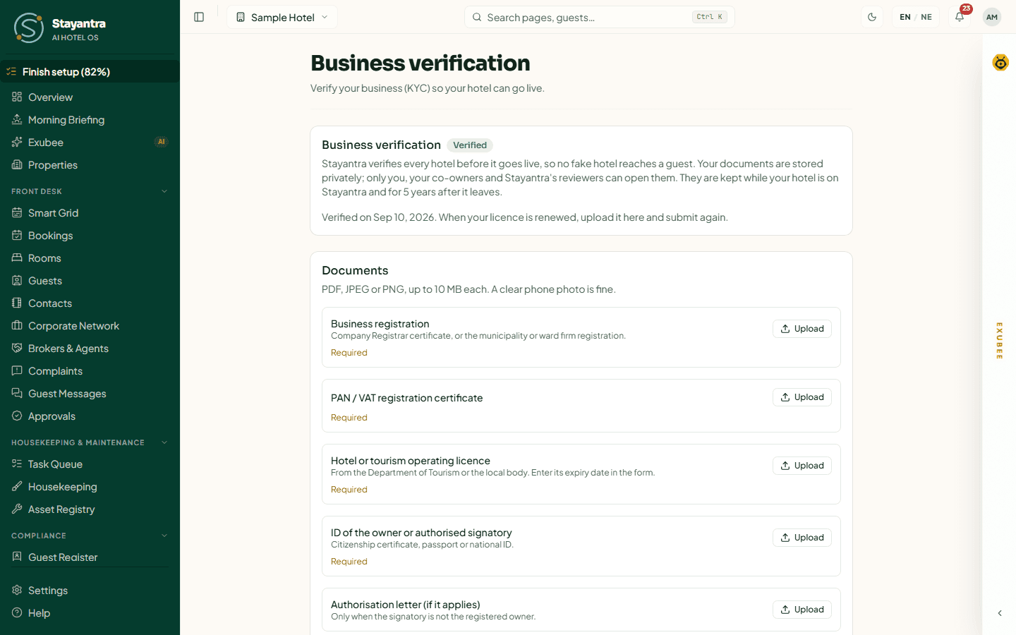 Business verification for Sample Hotel: Verified, with the verification date and the list of documents