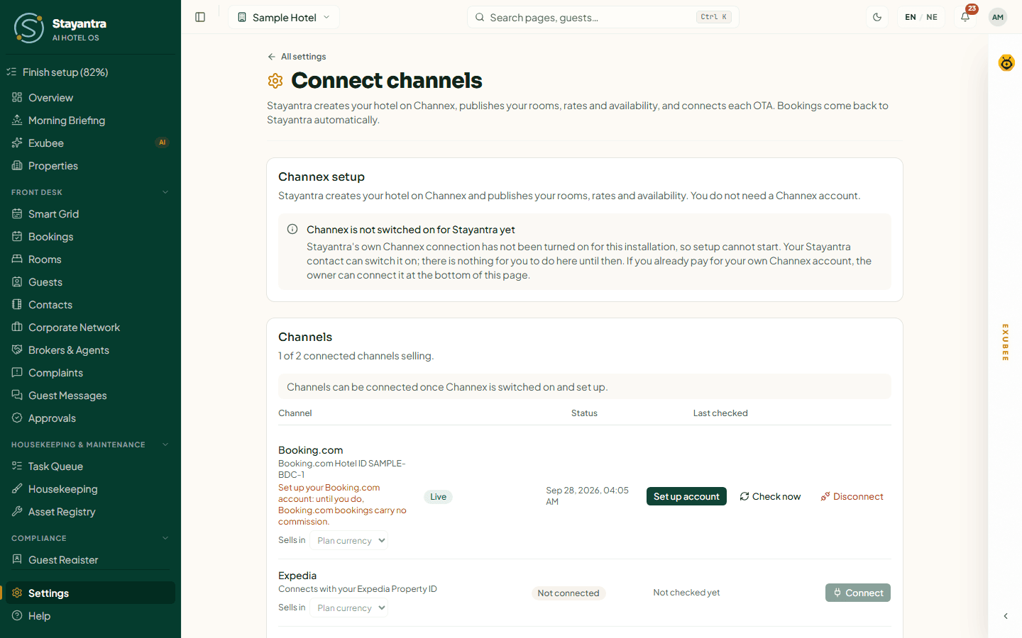 The Connect channels page with the Channex setup card and the list of channels