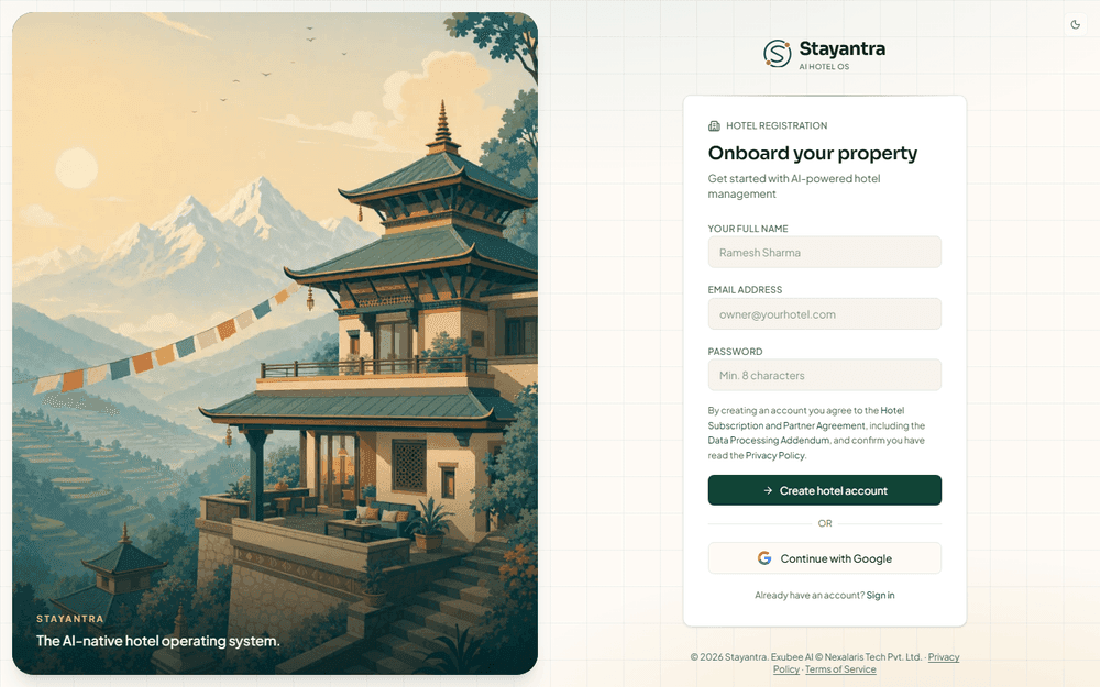 The registration page with name, email and password fields, the Create hotel account button and Continue with Google