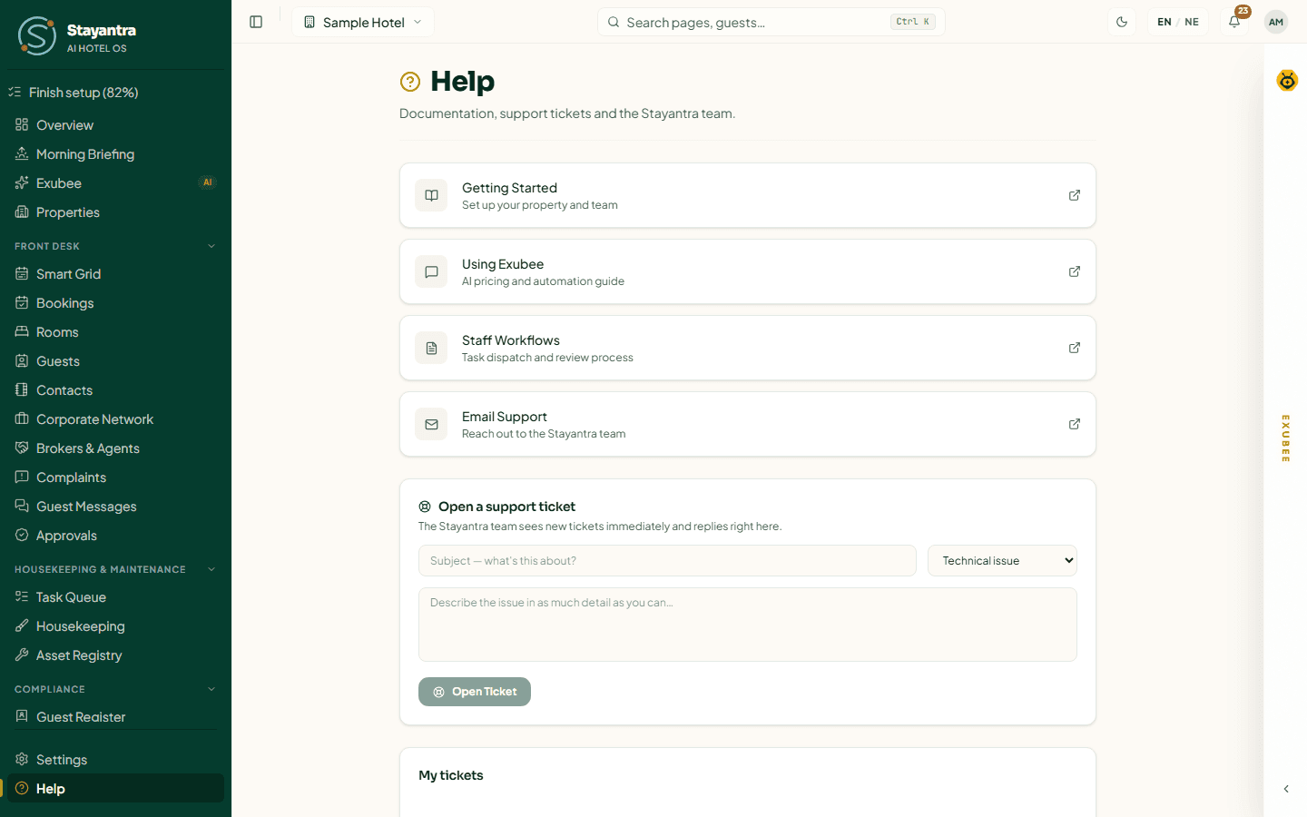 The Help page with guide links, the Open a support ticket form and the list of tickets
