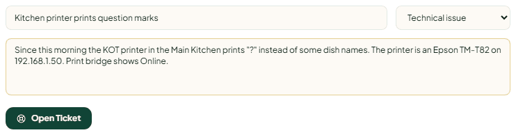 The support ticket form filled in with a subject, the Technical issue category and a detailed message