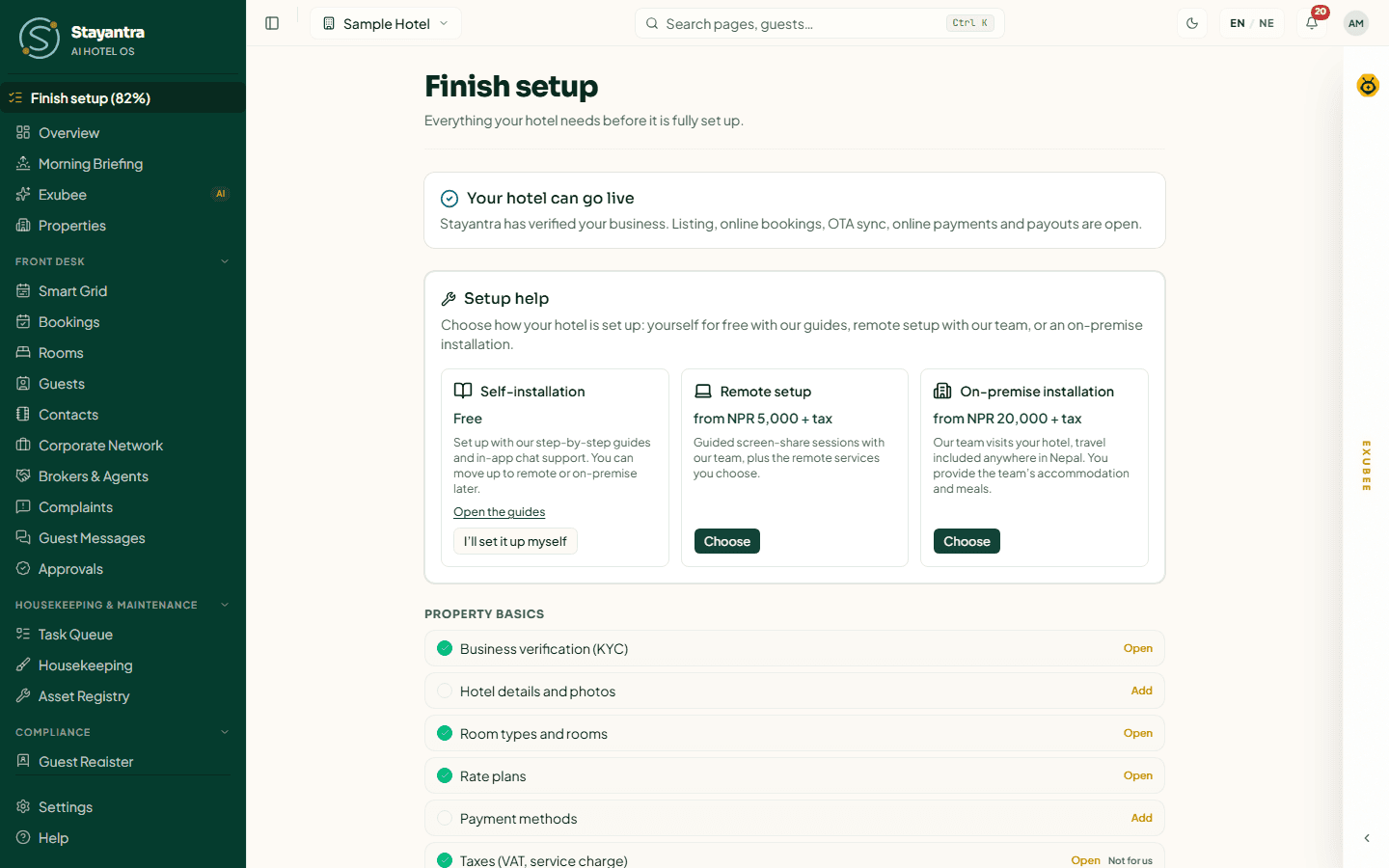 The Finish setup page with the go-live card, the Setup help card and the checklist grouped into four sections