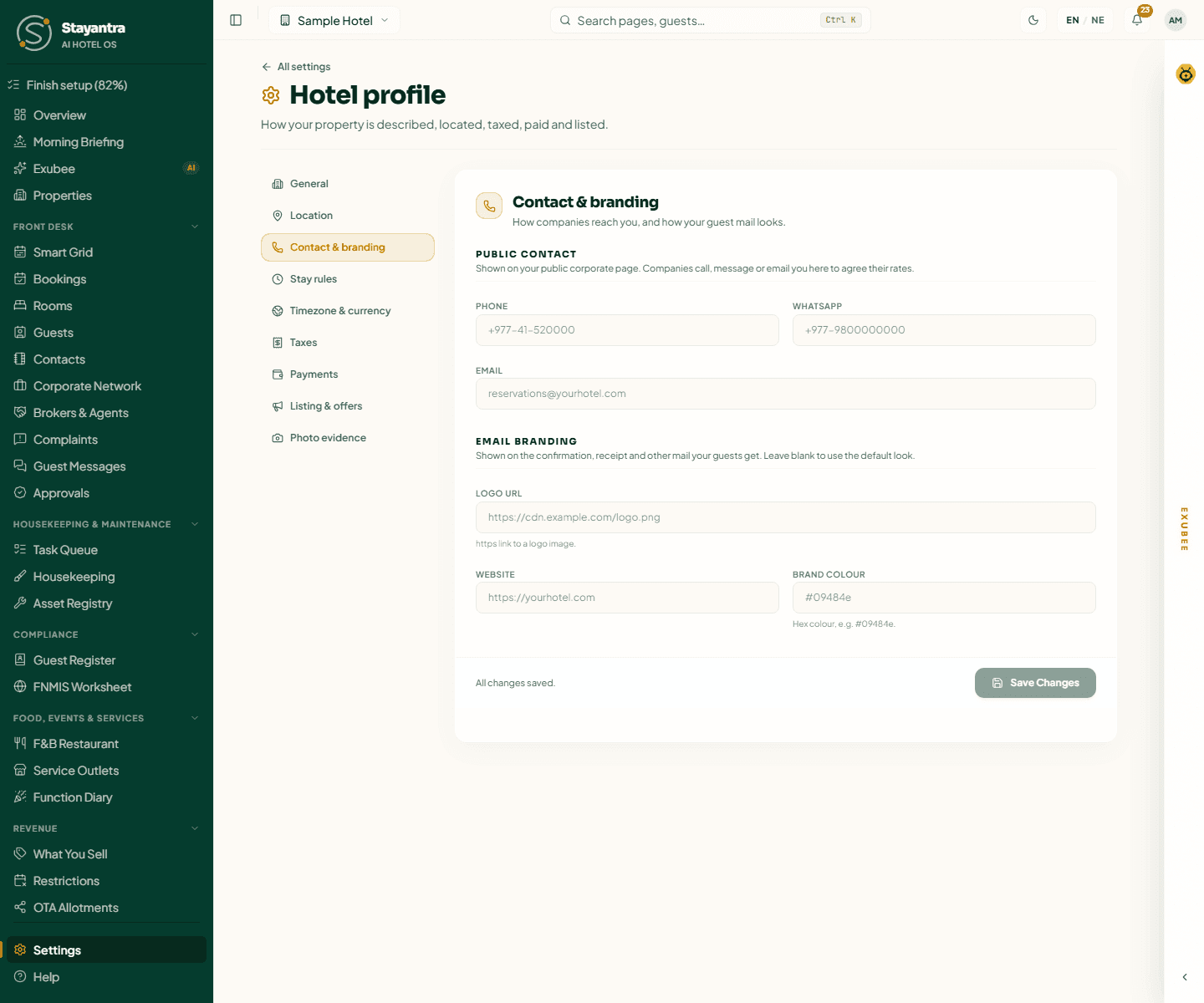 Hotel profile, Contact & branding: public phone, WhatsApp and email, and the email branding logo, website and colour