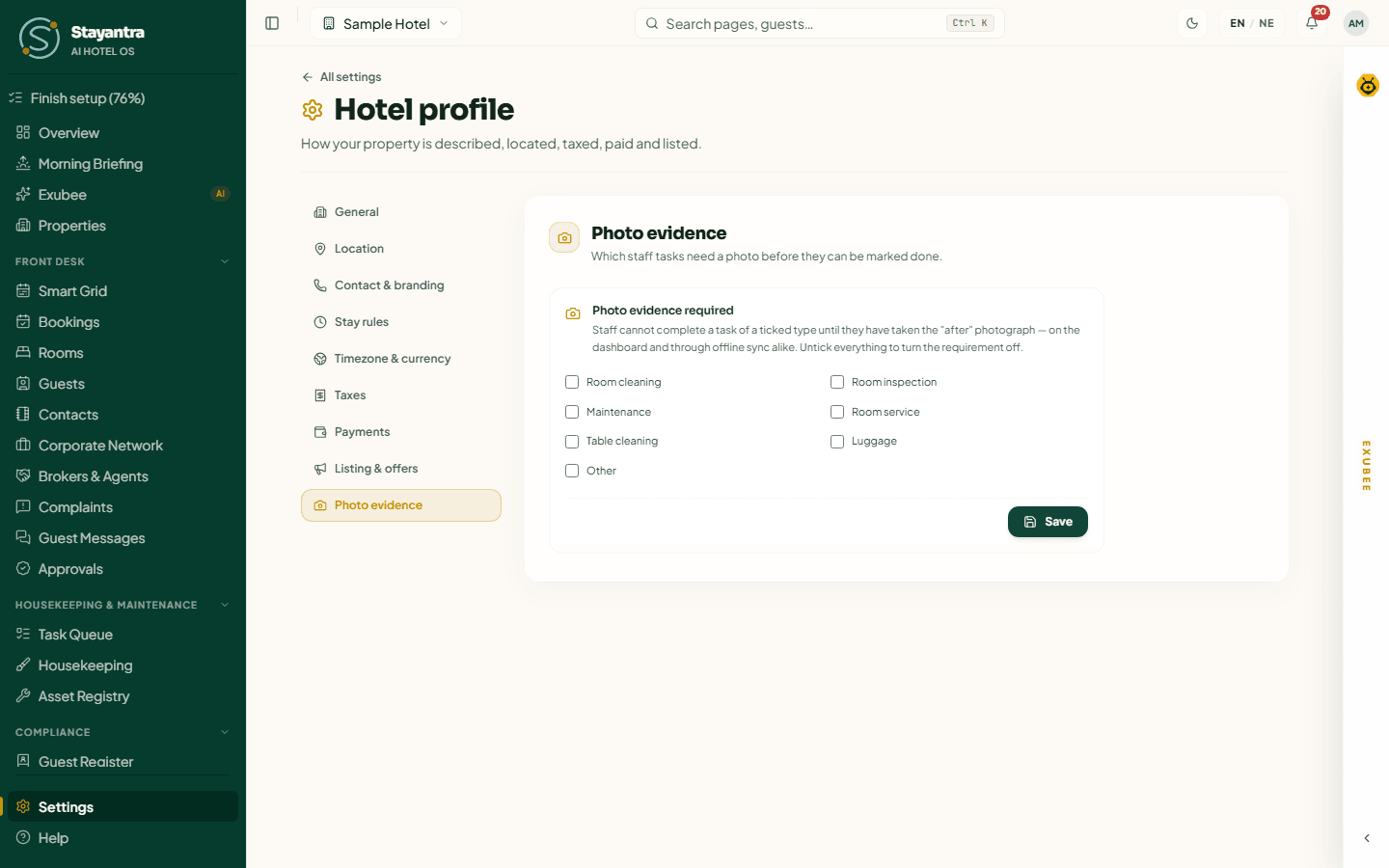 Hotel profile, Photo evidence: task types that need an after photo