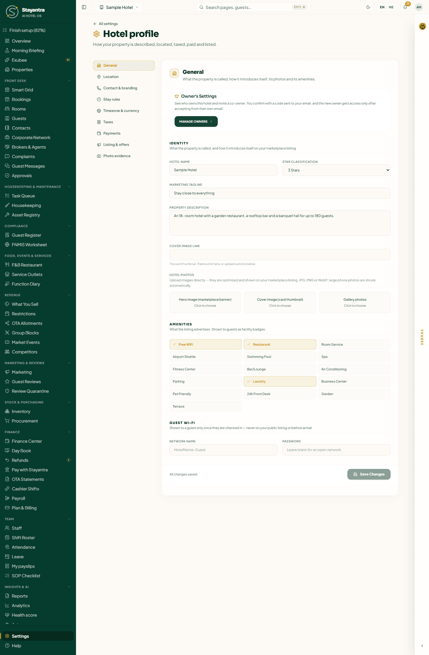 Hotel profile, General: the Owner's Settings card, Identity with hotel name, star rating, tagline, description and photos, Amenities and Guest Wi-Fi
