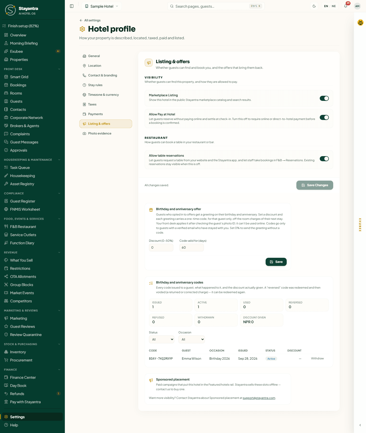 Hotel profile, Listing & offers: Marketplace Listing, Allow Pay at Hotel and Allow table reservations switched on, the birthday and anniversary offer, the codes report and Sponsored placement