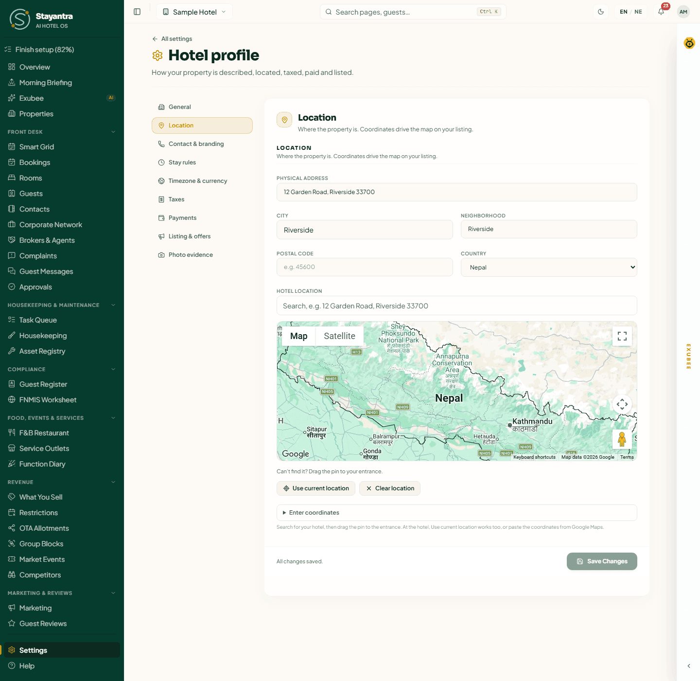 Hotel profile, Location: address, city, neighborhood, postal code, country and the map with the hotel's pin