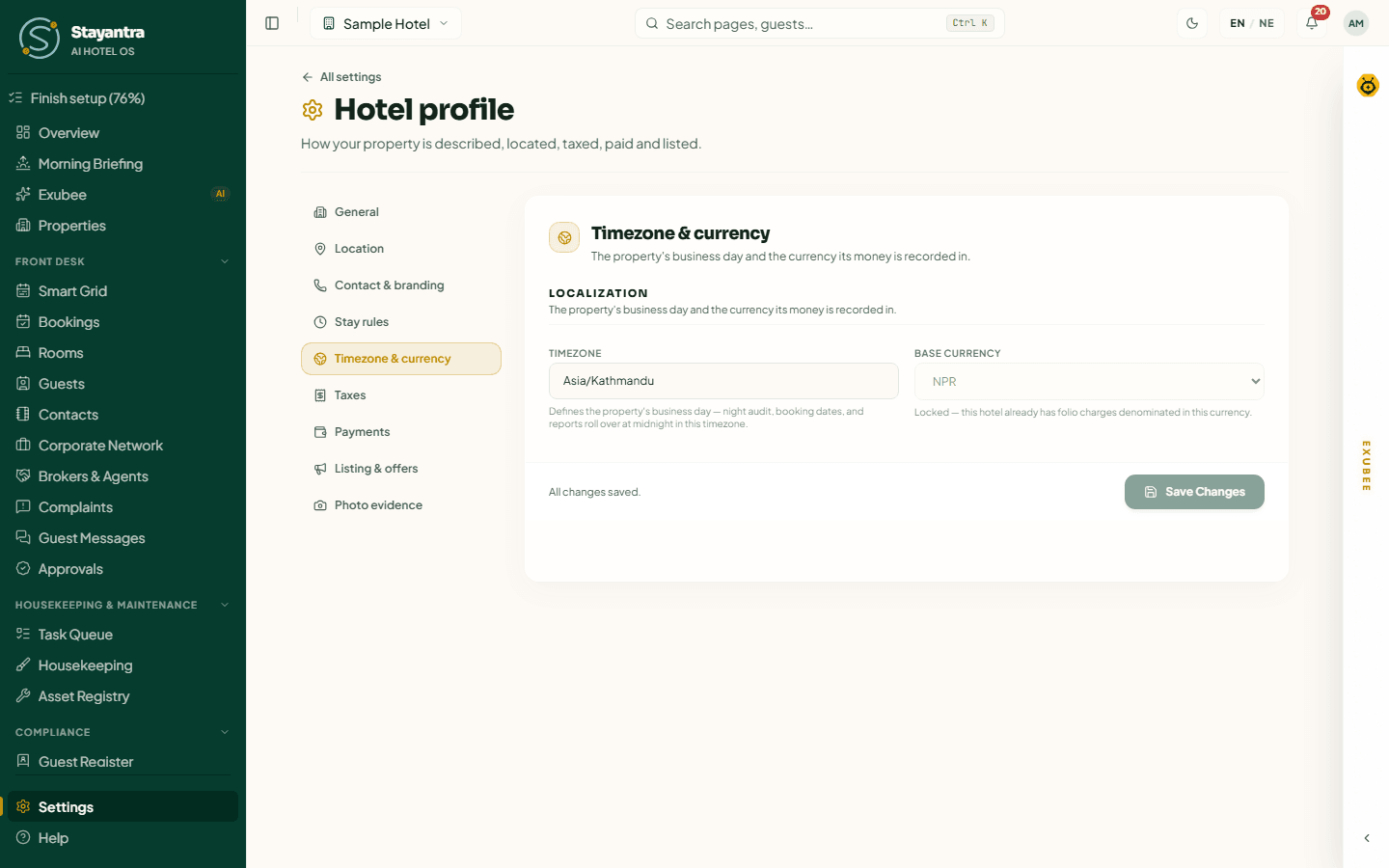 Hotel profile, Timezone & currency: Asia/Kathmandu and NPR