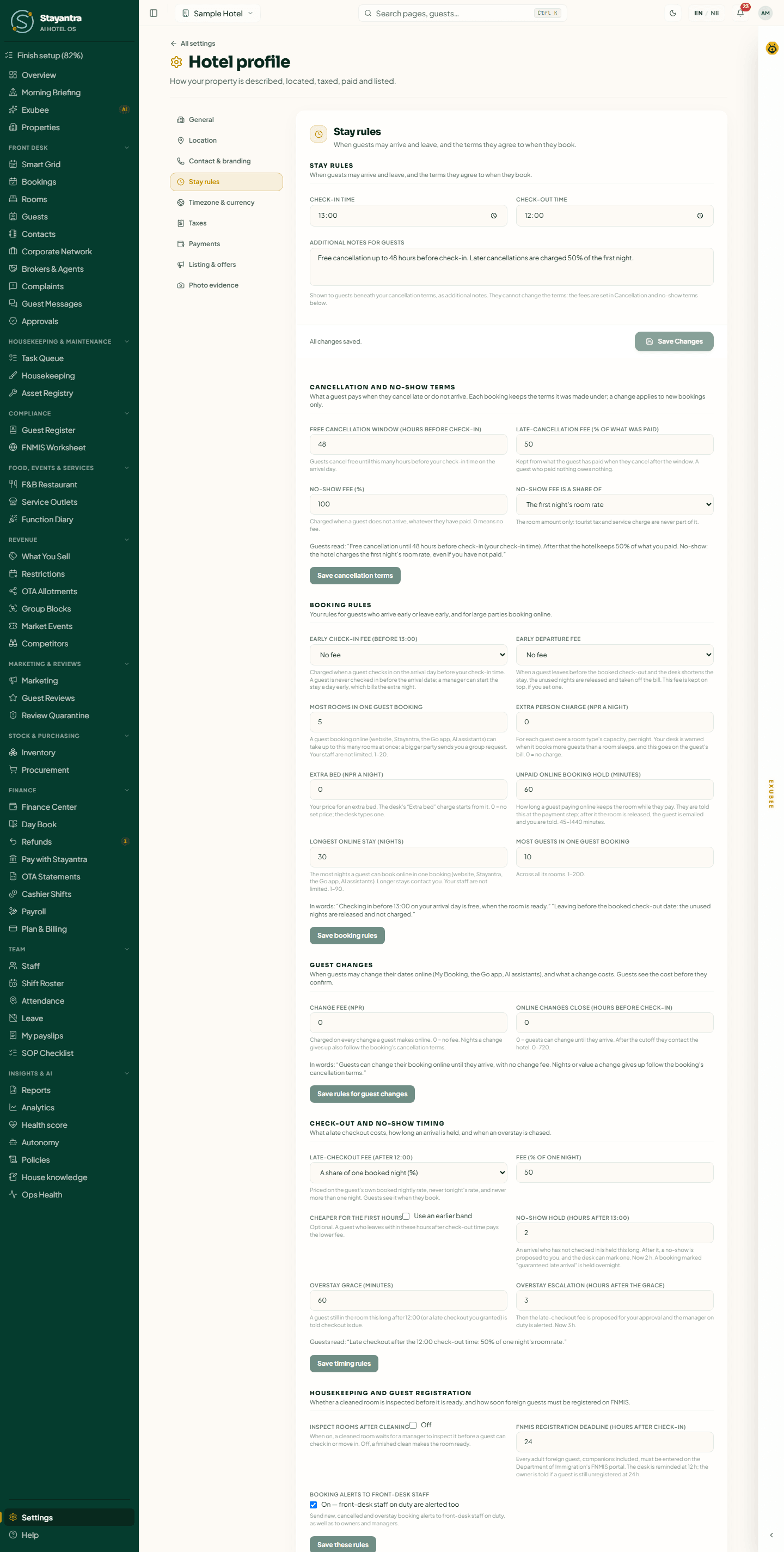 Hotel profile, Stay rules: check-in and check-out times, cancellation and no-show terms, booking rules, guest changes, check-out and no-show timing, and housekeeping and guest registration