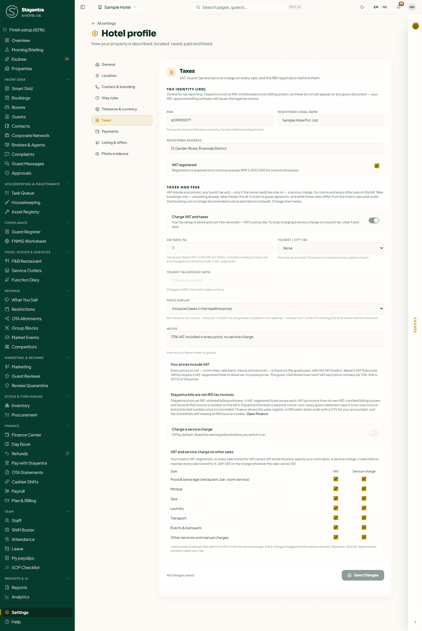 Hotel profile, Taxes: tax identity with PAN and registered name, VAT registered ticked, Charge VAT and taxes on at 13%, and the VAT and service charge table for other sales