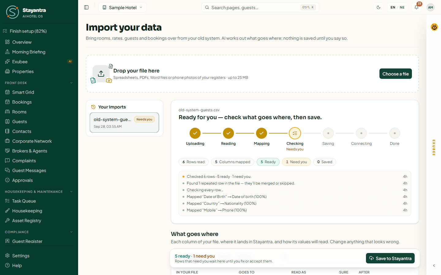The Import your data page with its drop zone and a guest list waiting to be checked before it is saved