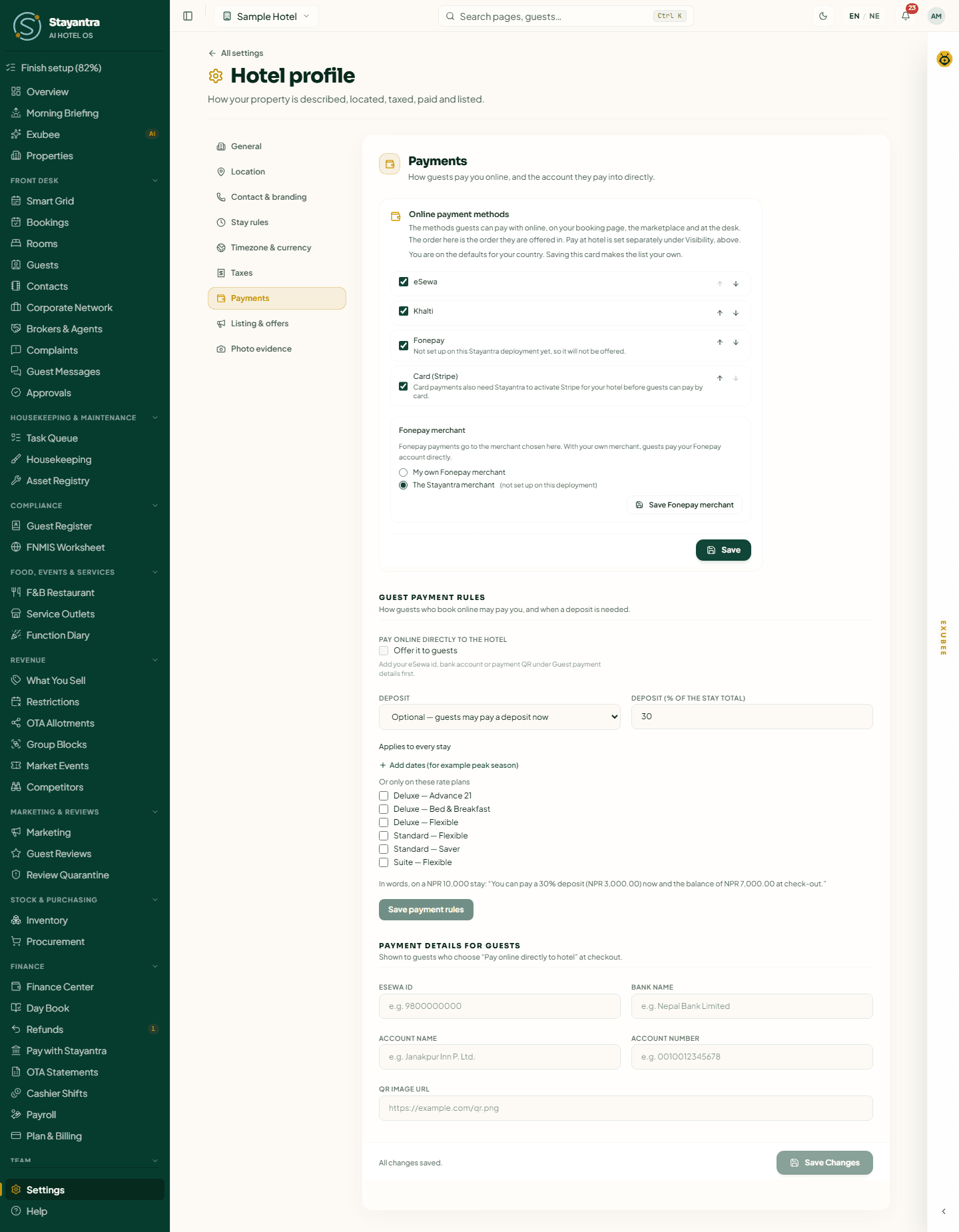 Settings → Hotel profile → Payments: online payment methods with eSewa, Khalti, Fonepay and Card, the Fonepay merchant choice, guest payment rules with a deposit, and payment details for guests