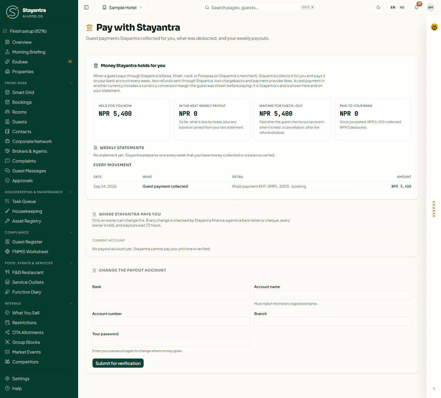 Finance → Pay with Stayantra: money held for you, the next weekly payout, and the form to set the payout account