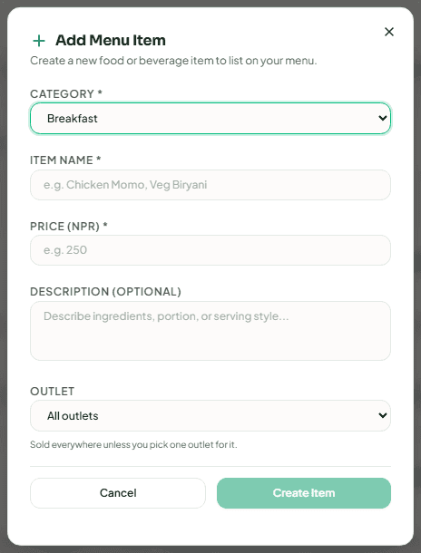 The Add Menu Item dialog with the category, name, price and outlet fields