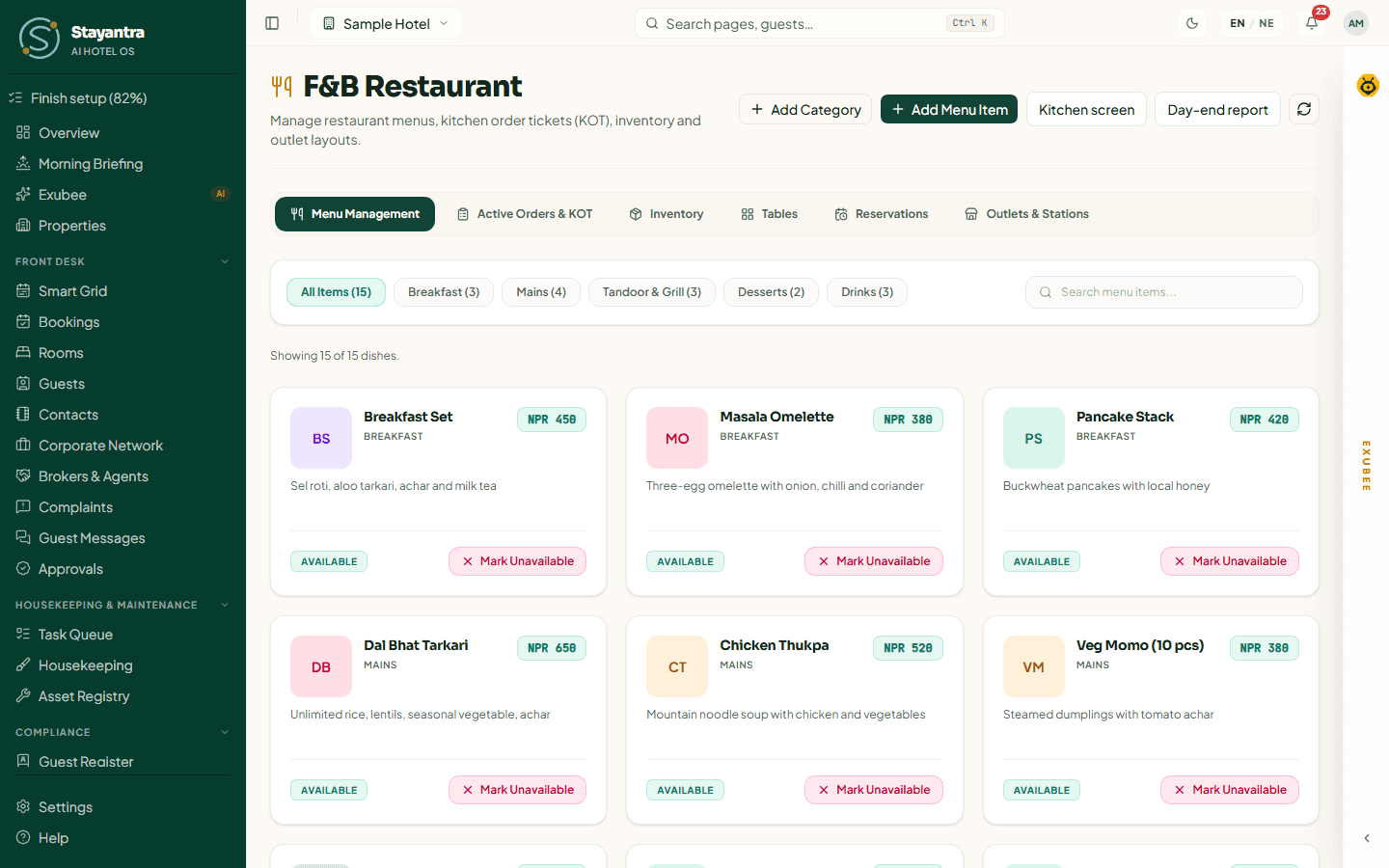The Menu Management tab with category chips and the dishes as cards